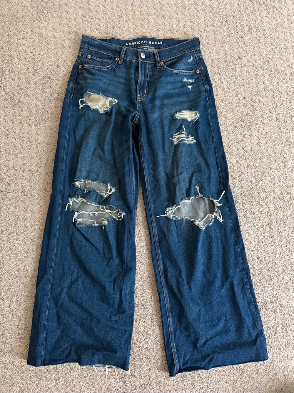 American Eagle Outfitters Dark Blue Distressed Wide-Leg Jeans